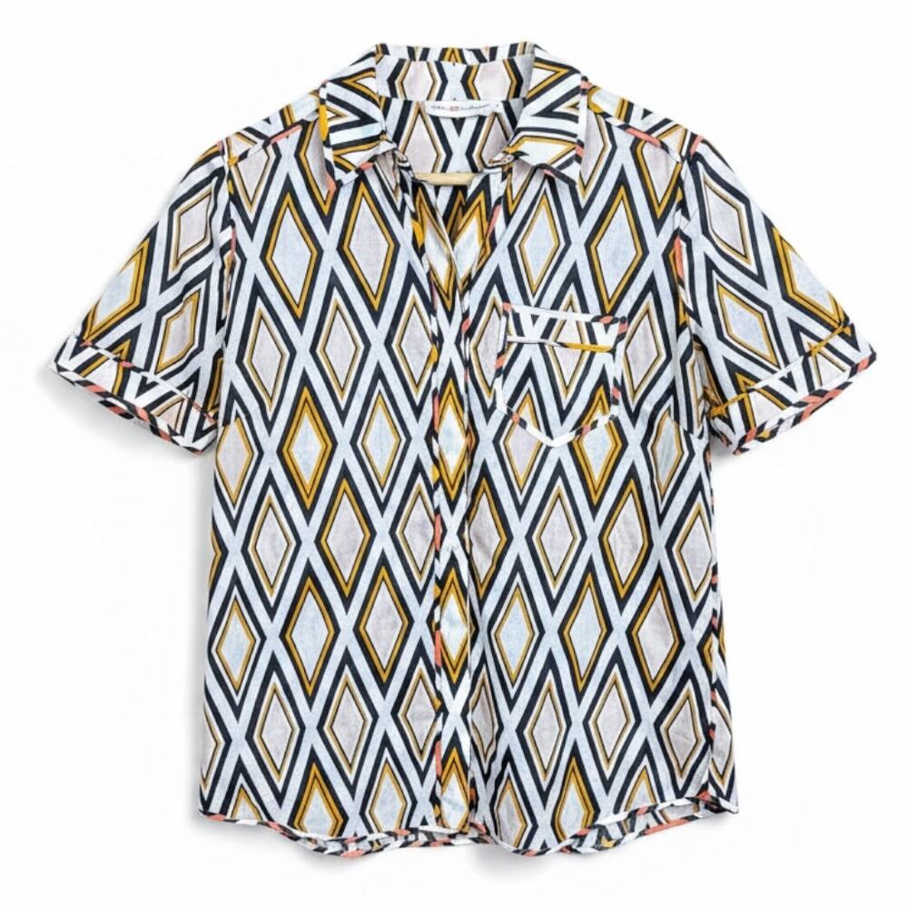 Tory Burch Womens 2 Geometric Shaped Short Sleeve Button Down Shirt White Lux